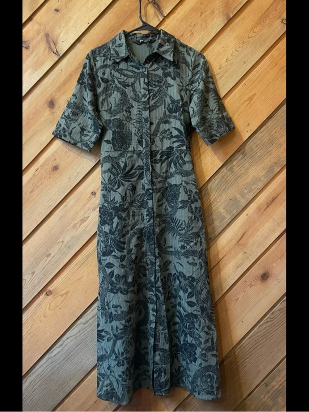 Disturbia Bashe Cotton Midaxi Shirt Dress Olive Green Floral Snake - Picture 3 of 6